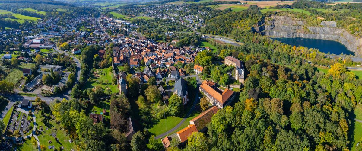An aerial view of a town with a prominent castle, surrounded by lush greenery and a large lake.