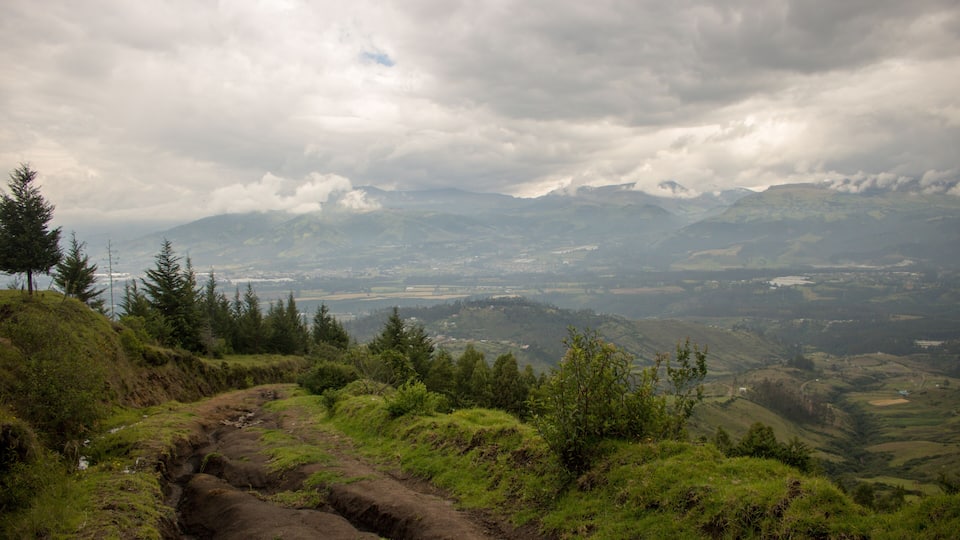 A mountainous landscape with a dirt path, dense green vegetation, and distant hills under a cloudy sky.