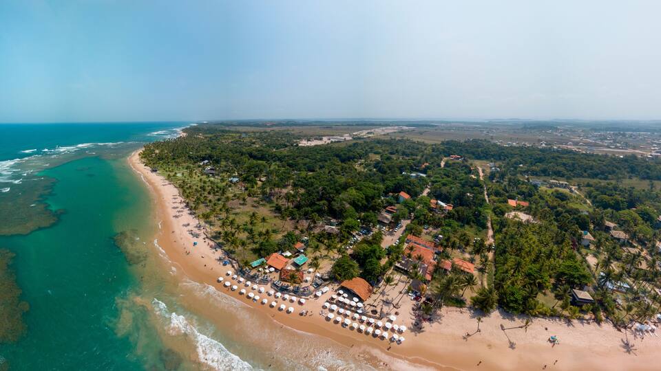 A coastal landscape with a beach, palm trees, and a mix of residential and commercial buildings.