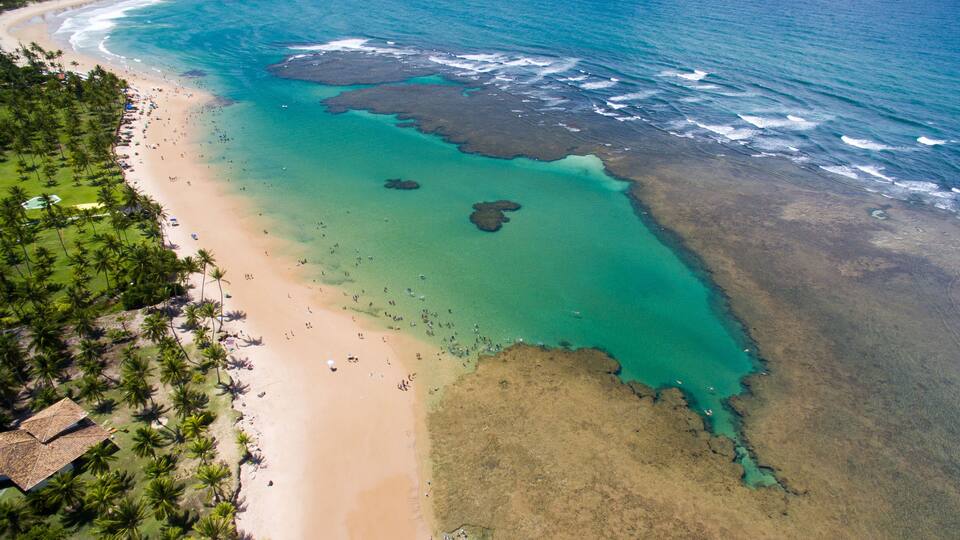 A beach with clear turquoise waters, palm trees, and a rocky outcrop.