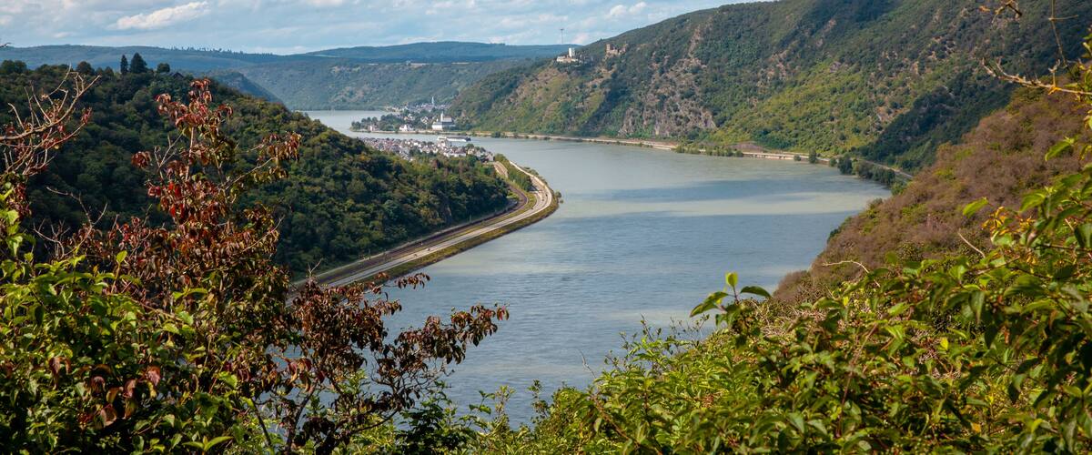 A river winding through a valley with hills on either side, a bridge crossing the river, and a distant castle-like structure.