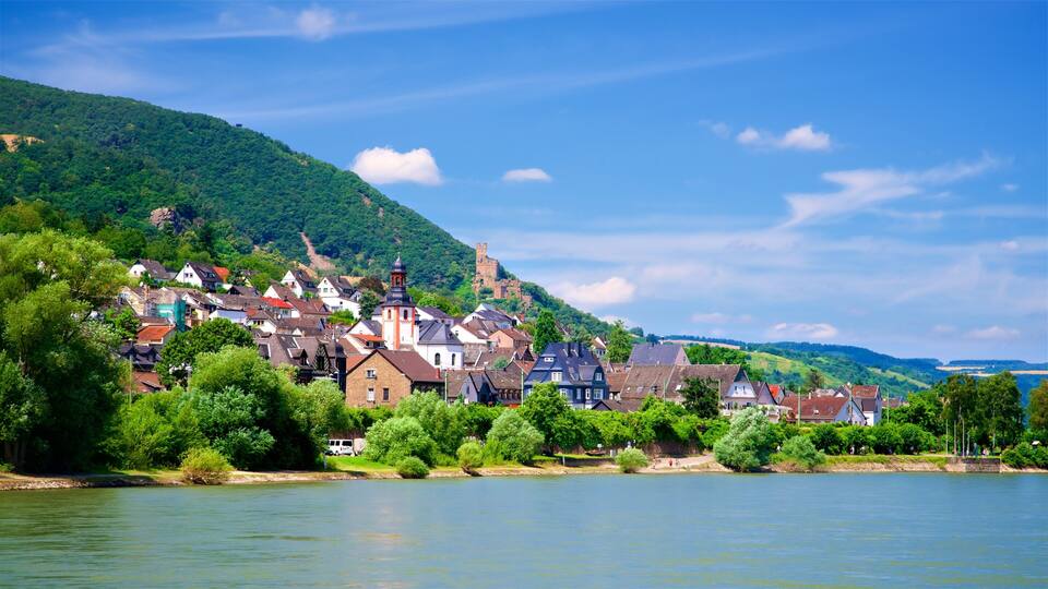 A riverside town with historic buildings, a church, and a castle on a hill.