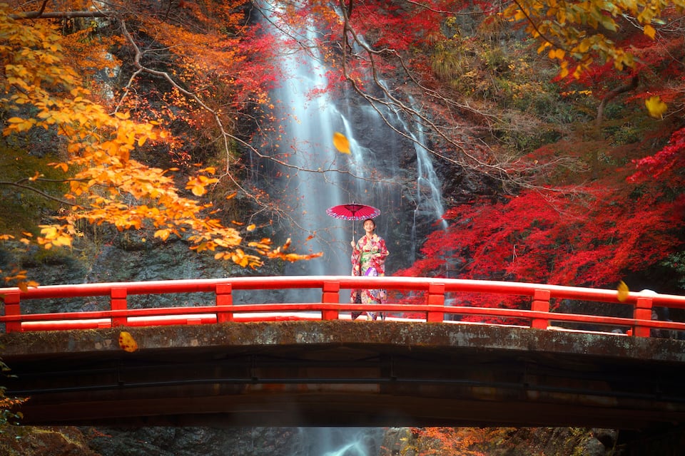 A bridge with red railings, a waterfall, and autumn foliage.
