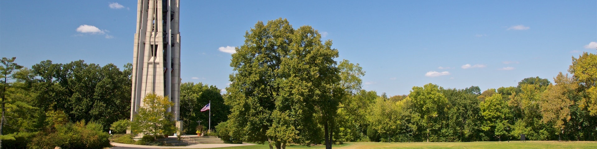 Moser Tower and Millennium Carillon featuring a park as well as a small group of people