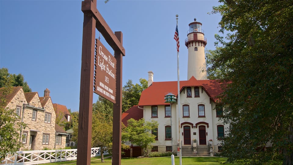 Grosse Point Lighthouse which includes a lighthouse and signage