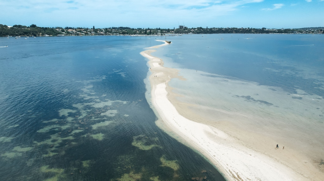 An aerial view of a beach with clear water, a sandy shoreline, and a distant cityscape.