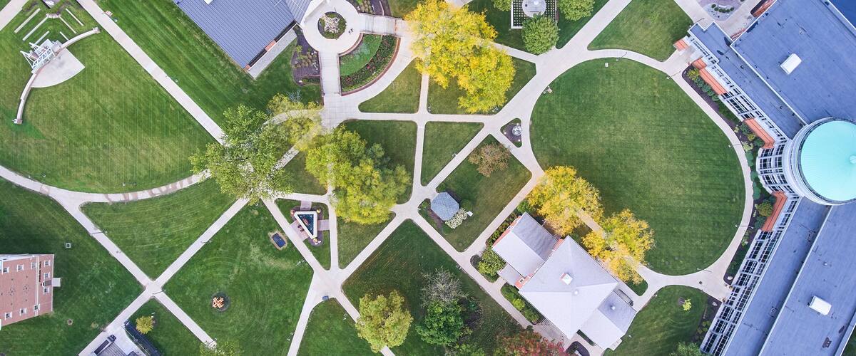 United States college campus aerial of green grounds