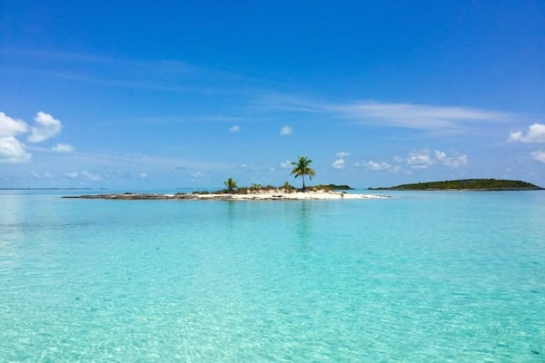 Ein klares, türkisblaues Meer mit einer kleinen Insel, die eine Palme und einen Sandstrand zeigt.