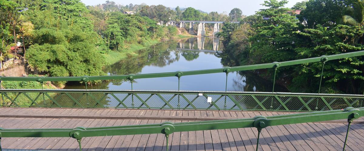 A green metal bridge over a calm river with lush greenery on both sides.