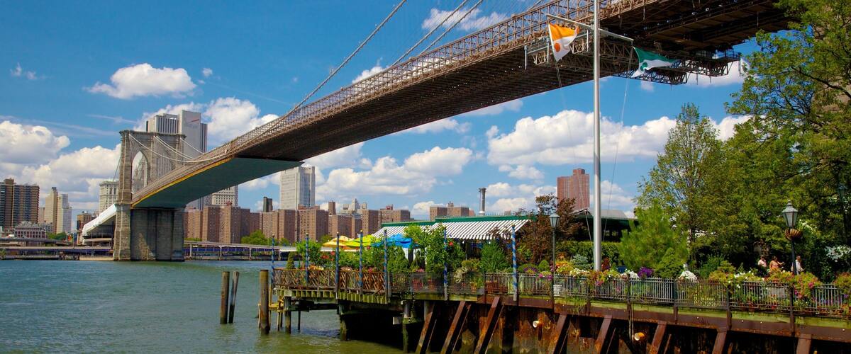 A bridge with an American flag, a city skyline, and a waterfront park.