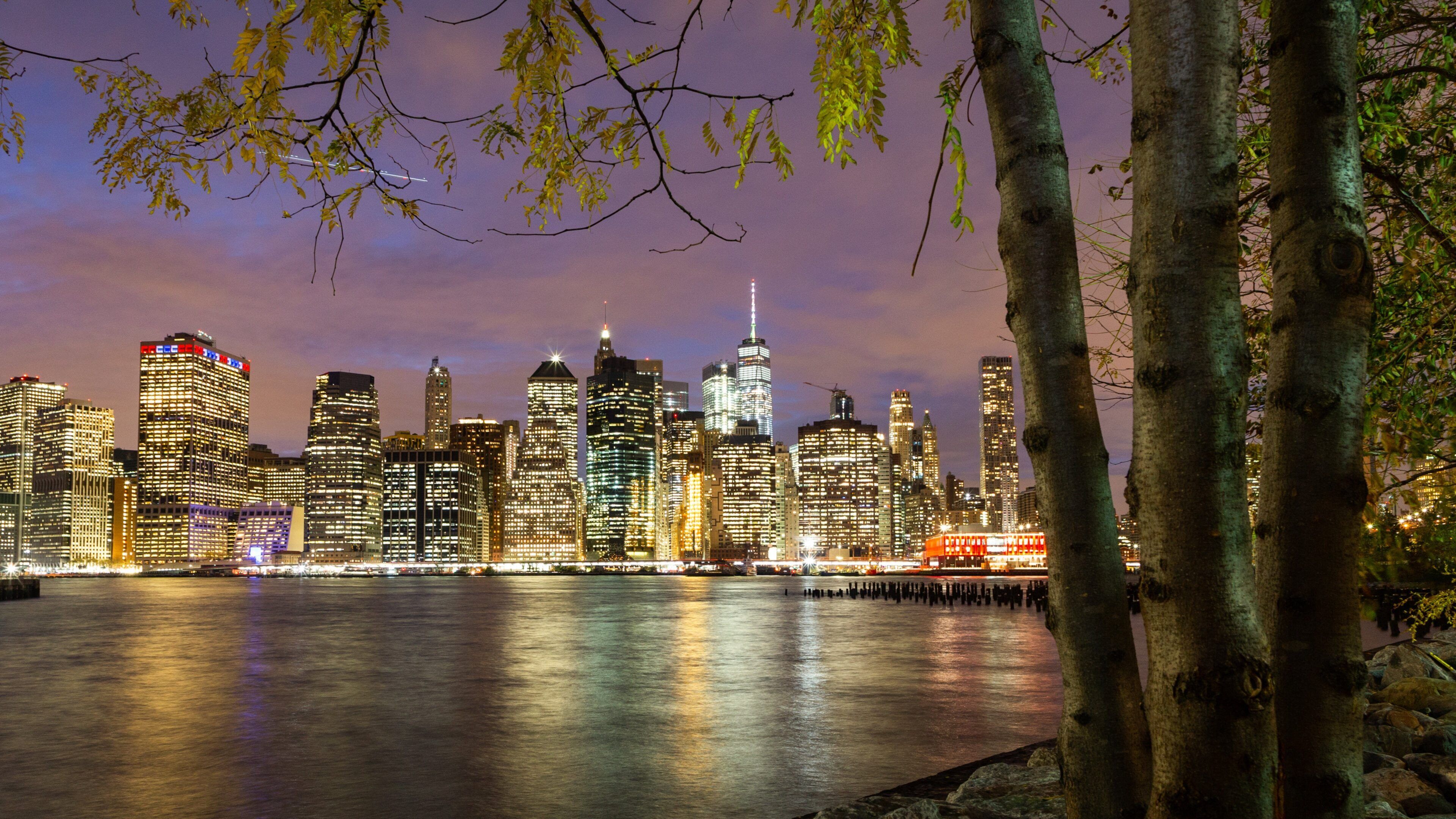 Brooklyn Bridge Park featuring a bay or harbor, a city and night scenes