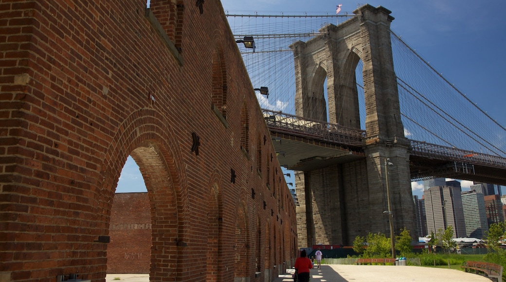 Brooklyn Bridge Park som visar en bro och historisk arkitektur