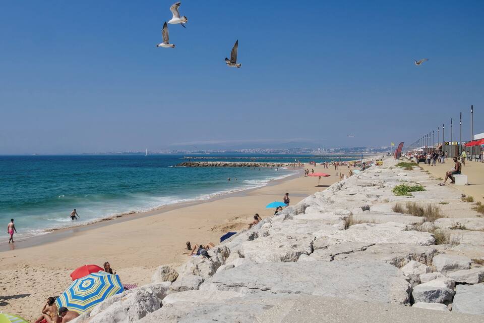 Una playa con terreno rocoso, gente relajándose bajo sombrillas y gaviotas volando.