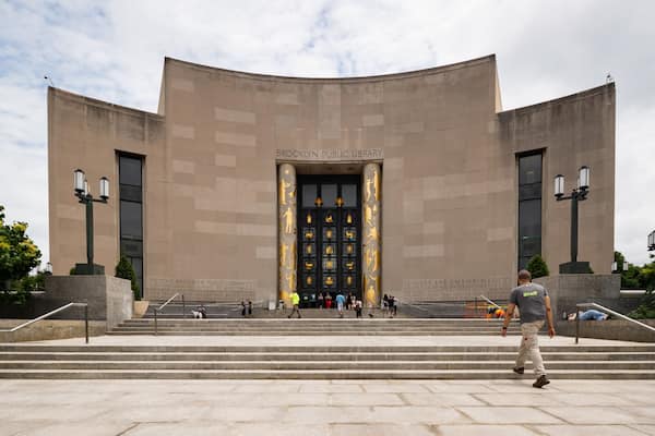 Brooklyn Public Library featuring street scenes, signage and an administrative buidling