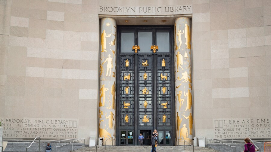 Brooklyn Public Library showing signage and an administrative buidling