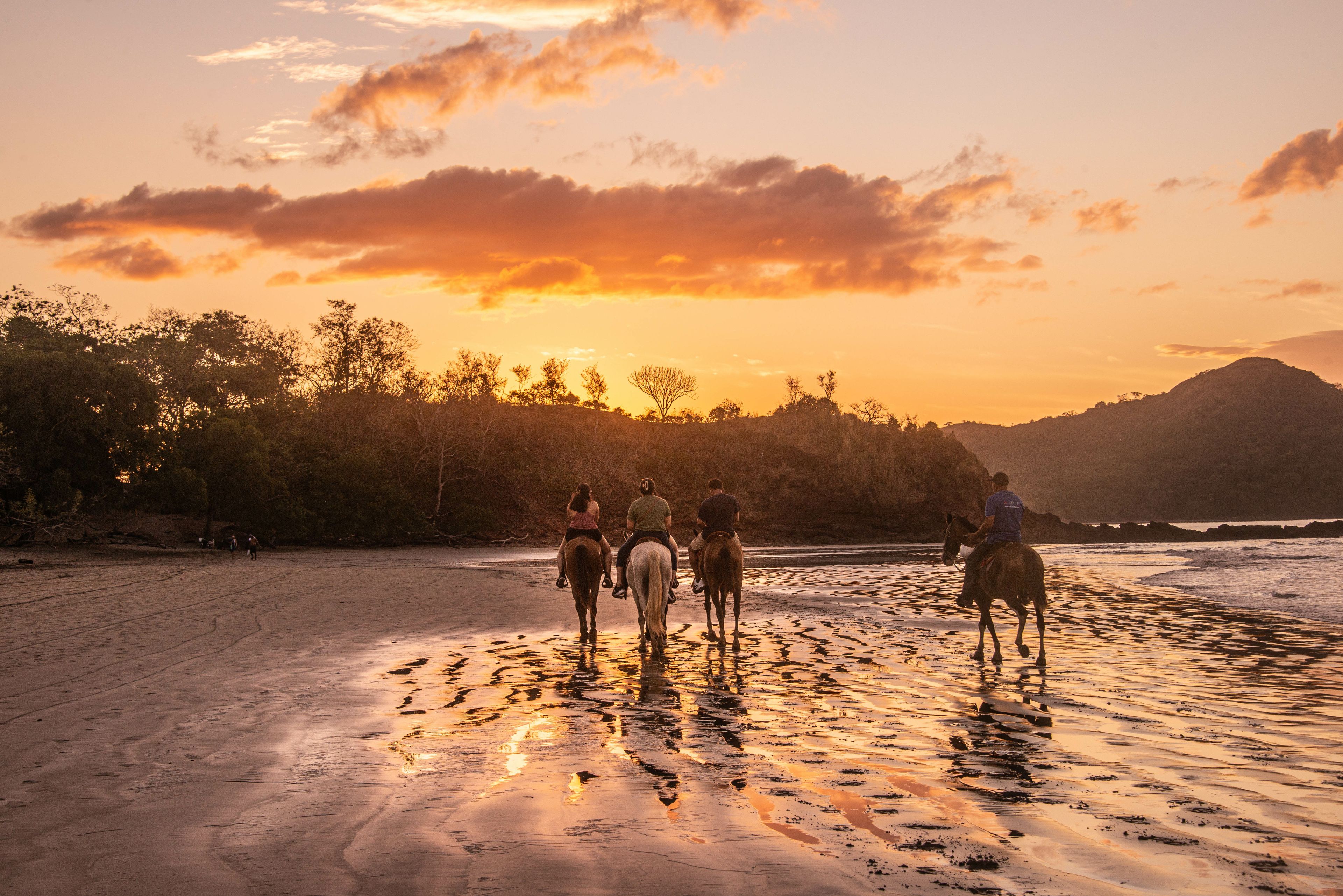 Un atardecer sobre una playa con gente montando a caballo.