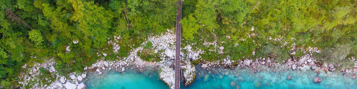 A turquoise river with a wooden bridge, surrounded by dense green forest.
