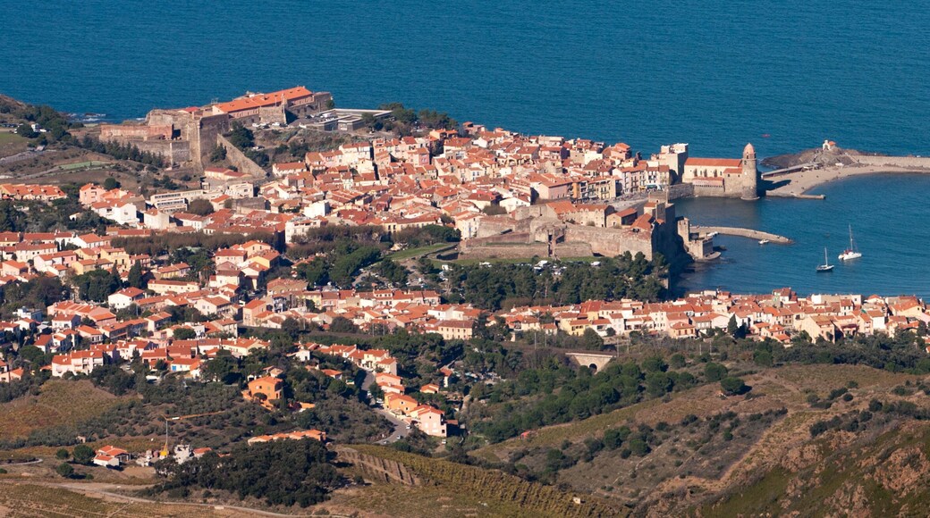 A coastal town with a historic fort, a harbor with boats, and a dense cluster of red-roofed buildings.