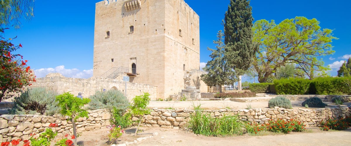 A historic stone tower with a staircase, surrounded by a garden with various plants and flowers.