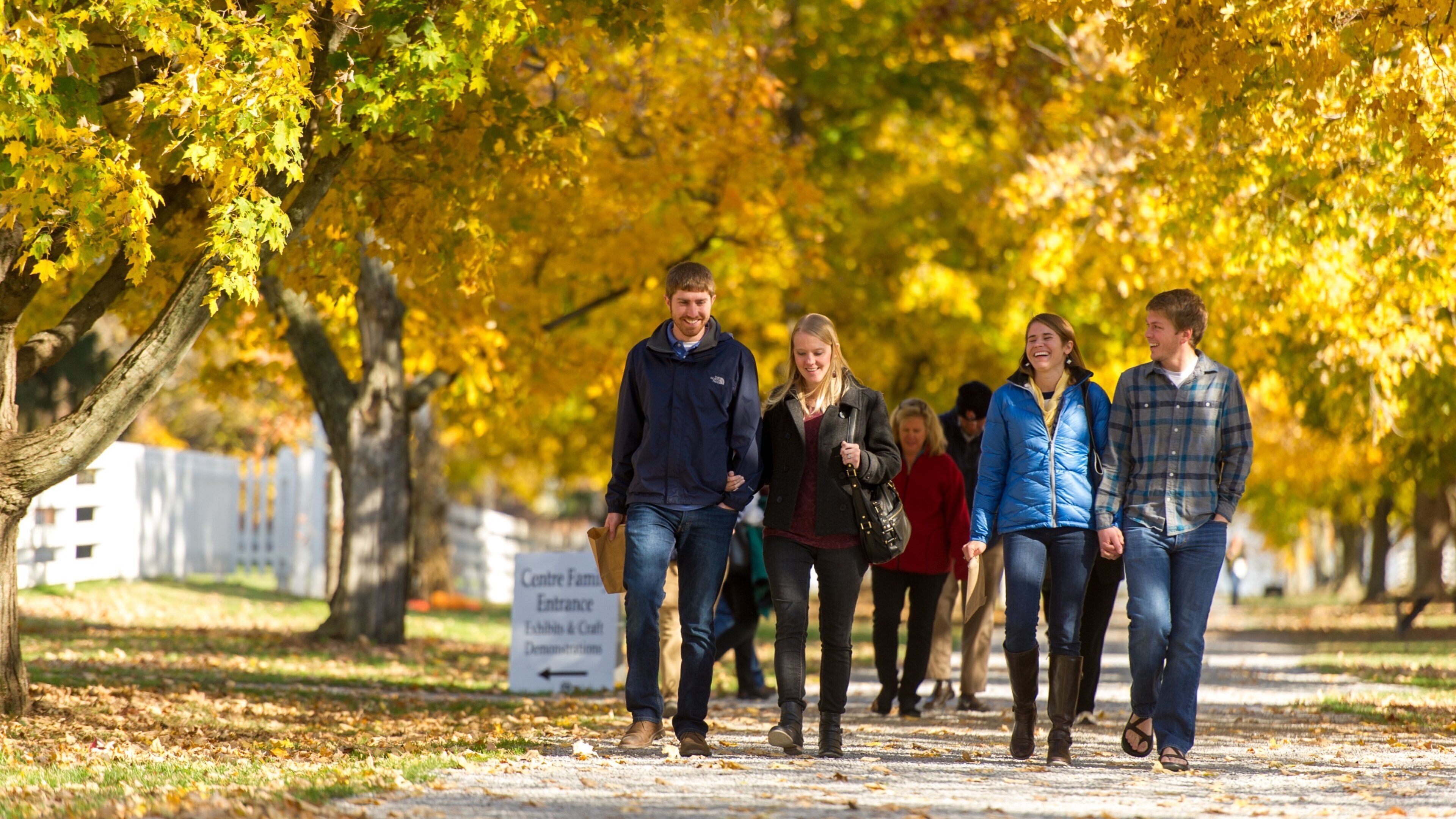 Shaker Village of Pleasant Village som visar höstlöv och en park såväl som en liten grupp av människor