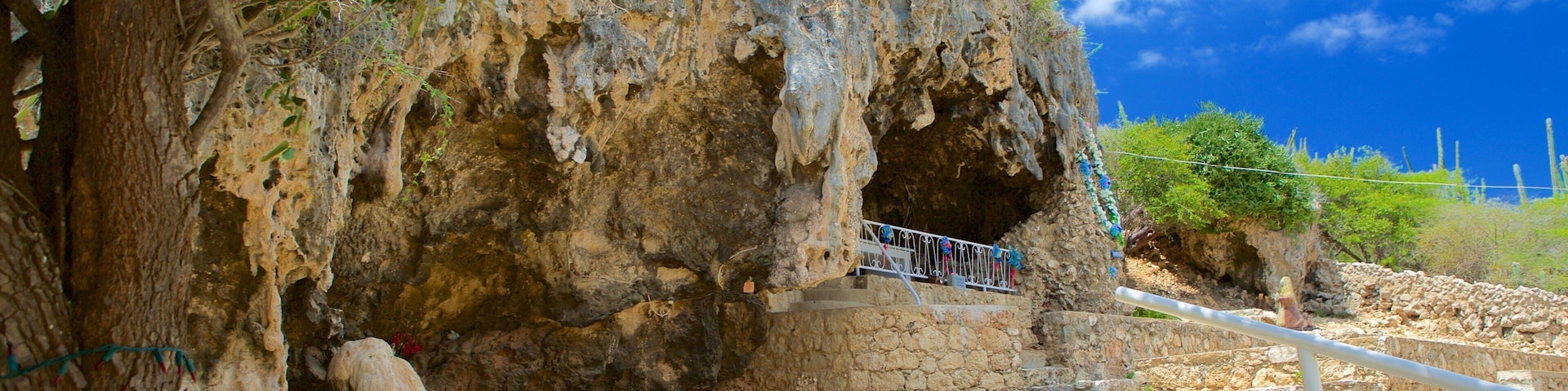 Lourdes Grotto showing religious elements and caves