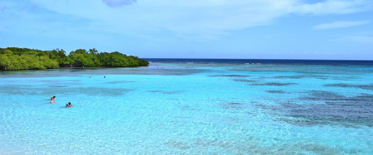 A clear turquoise sea with a sandy beach and a forested island in the distance.