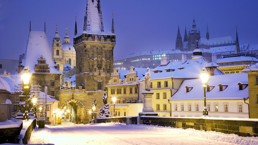 wintertime Charles bridge, gothic Lesser Town bridge tower, Lesser town district, Prague