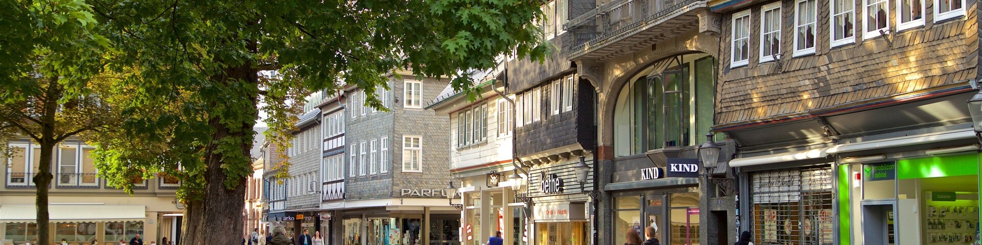 Calle peatonal bordeada de tiendas y cafés, con gente caminando y sentada en bancos.