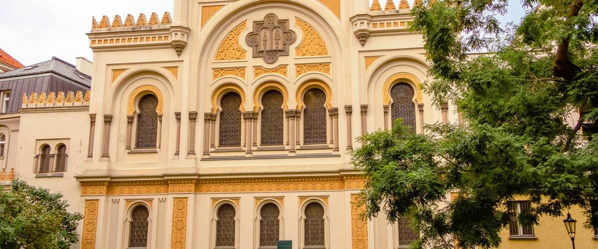 Facade of Spanish Synagogue, located in the Josefov district of Prague, in Czech Republic; Shutterstock ID 257439073
