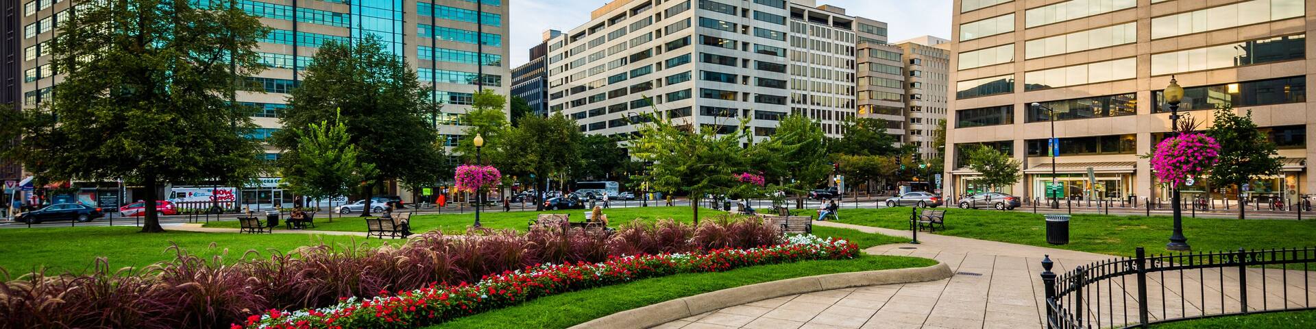 Walkway and buildings at Farragut Square, in Washington, DC.