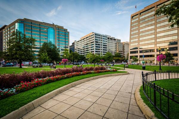 Walkway and buildings at Farragut Square, in Washington, DC.