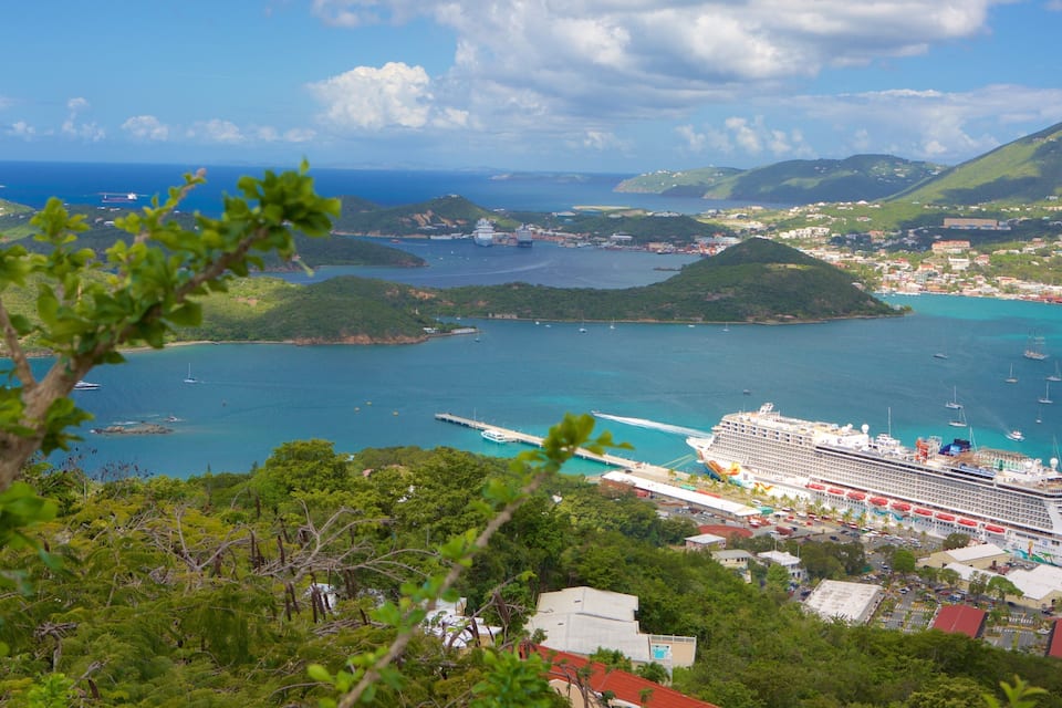 A cruise ship docked at a port surrounded by lush green hills and clear blue waters.