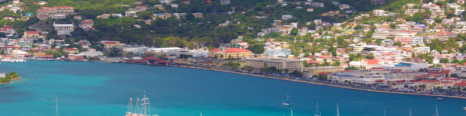 Saint Thomas Skyride showing a bay or harbor and a coastal town