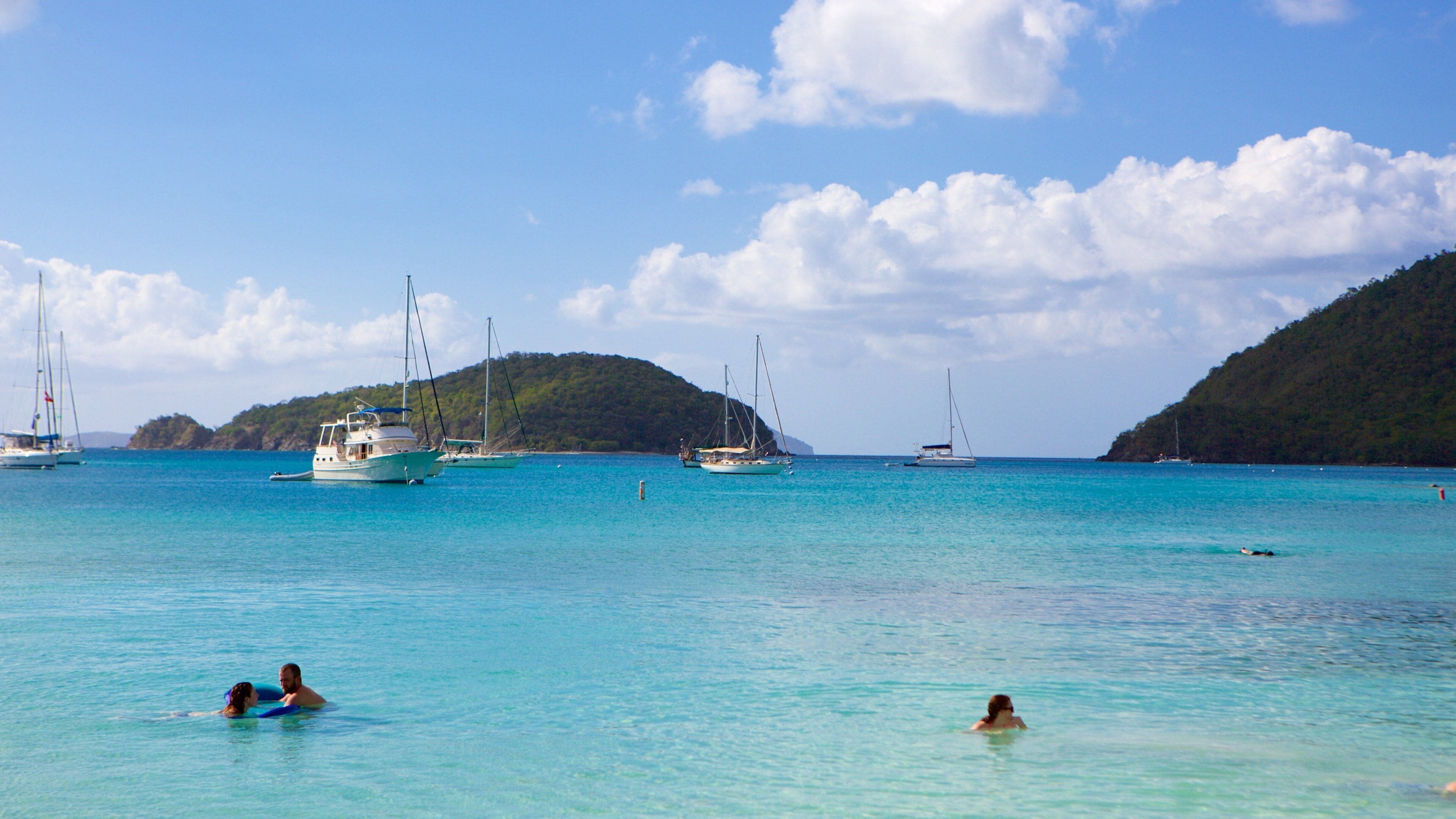 Une mer turquoise où plusieurs voiliers sont amarrés près d’une île boisée.