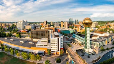Aerial panorama of Knoxville, Tennessee skyline on a late sunny afternoon, viewed from above Worlds Fair Park. Knoxville is the county seat of Knox County in the U.S. state of Tennessee.