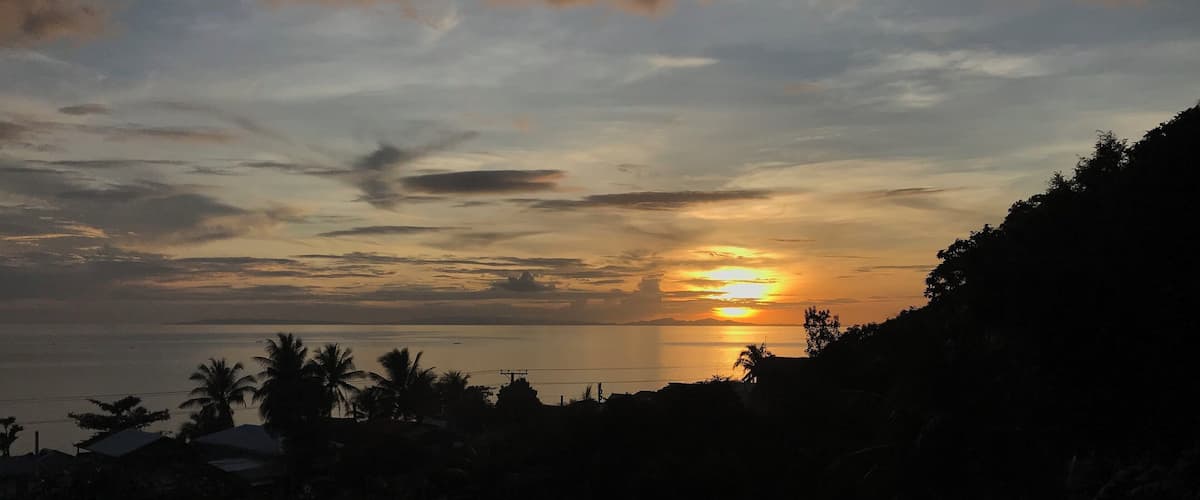 A sunset over a calm sea with silhouettes of palm trees and houses.