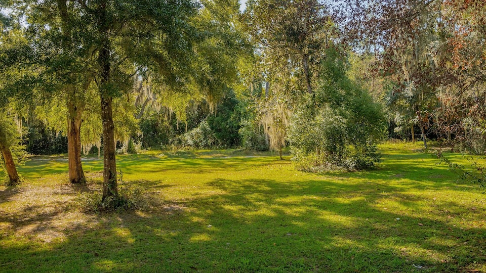 A lush park with mature trees, a well-maintained lawn, and a serene atmosphere.