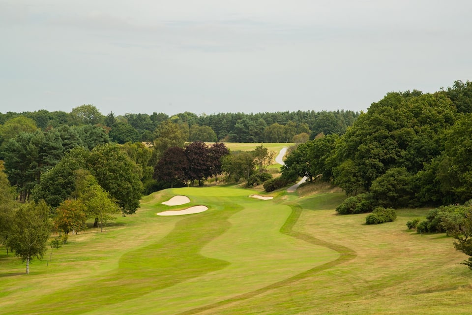 Ein Golfplatz mit Sandbunkern, Bäumen und einer hügeligen Landschaft.
