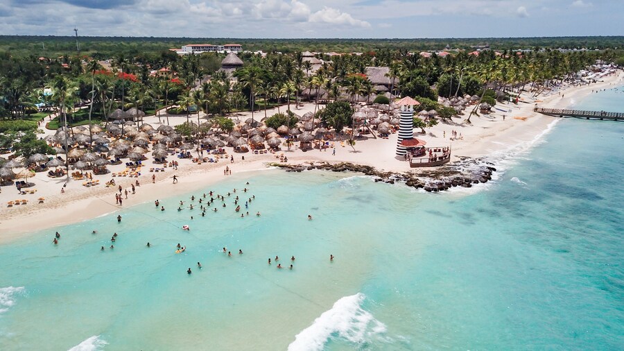 Beautiful Beach at a resort in the Caribbean. View of the beach and the lighthouse. Aerial view