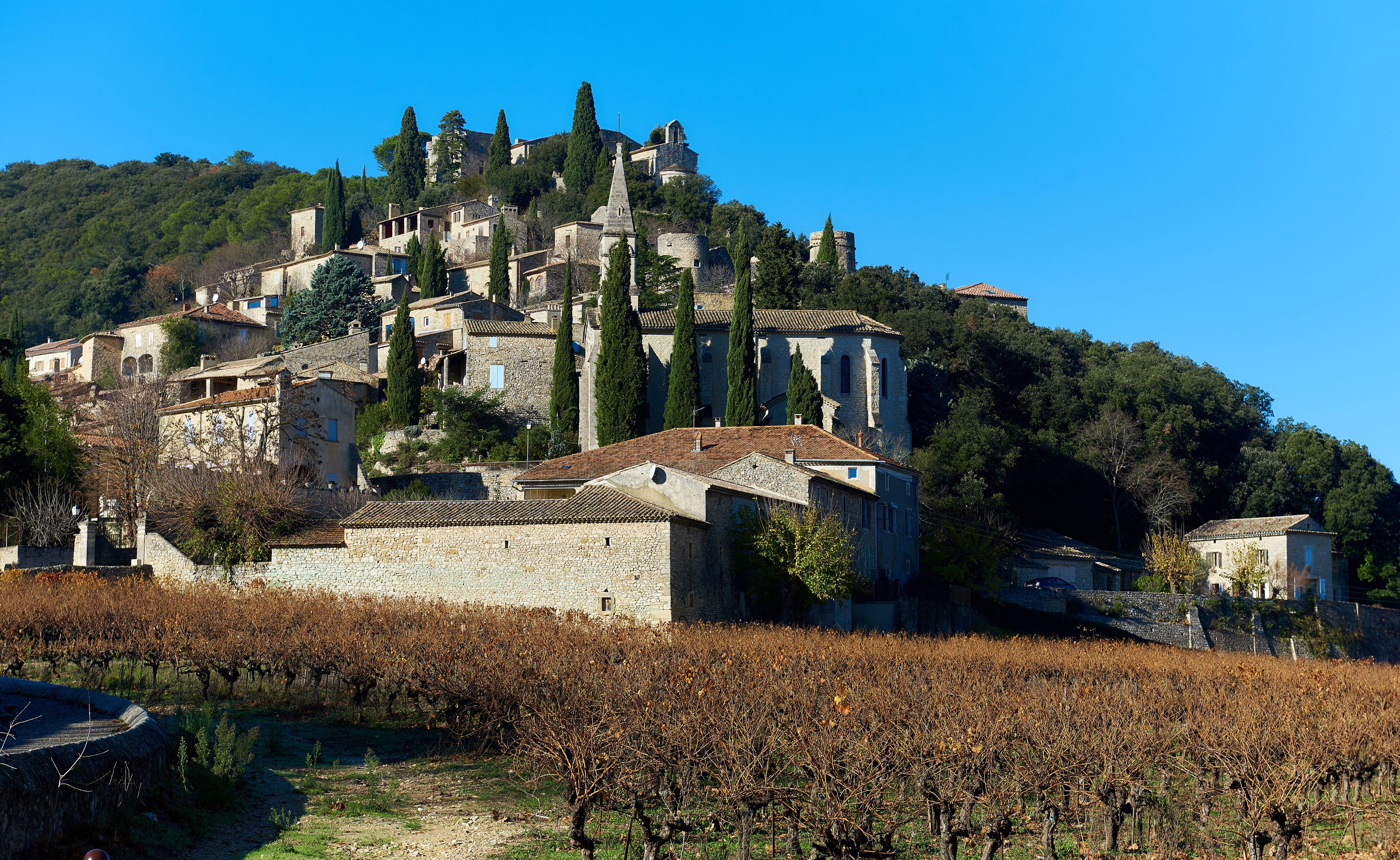 A hillside village with stone buildings, vineyards, and a prominent church.