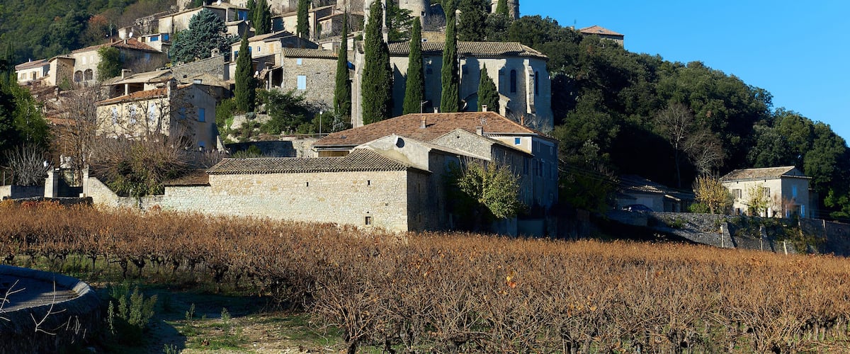 A hillside village with stone buildings, vineyards, and a prominent church.