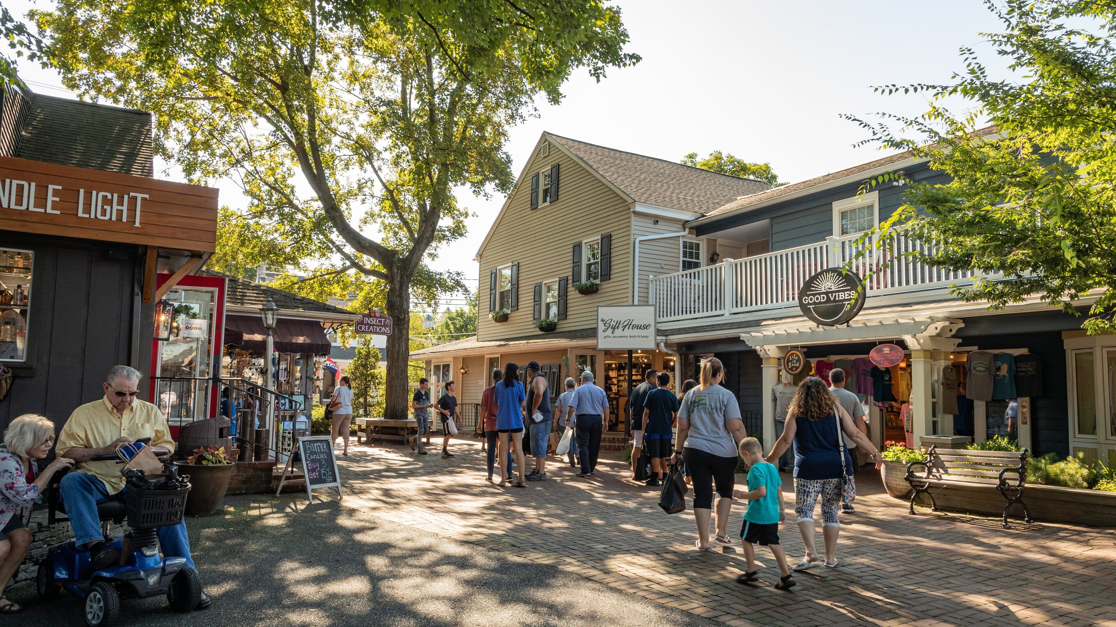 A bustling street with shops, a tree-lined walkway, and people walking.