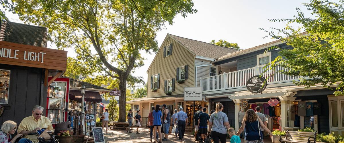 A bustling street with shops, a tree-lined walkway, and people walking.
