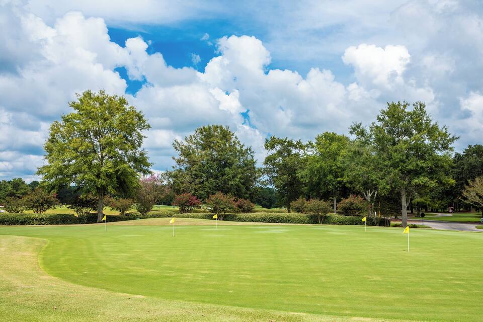 A well-manicured golf course with lush green grass, several trees, and a partly cloudy sky.