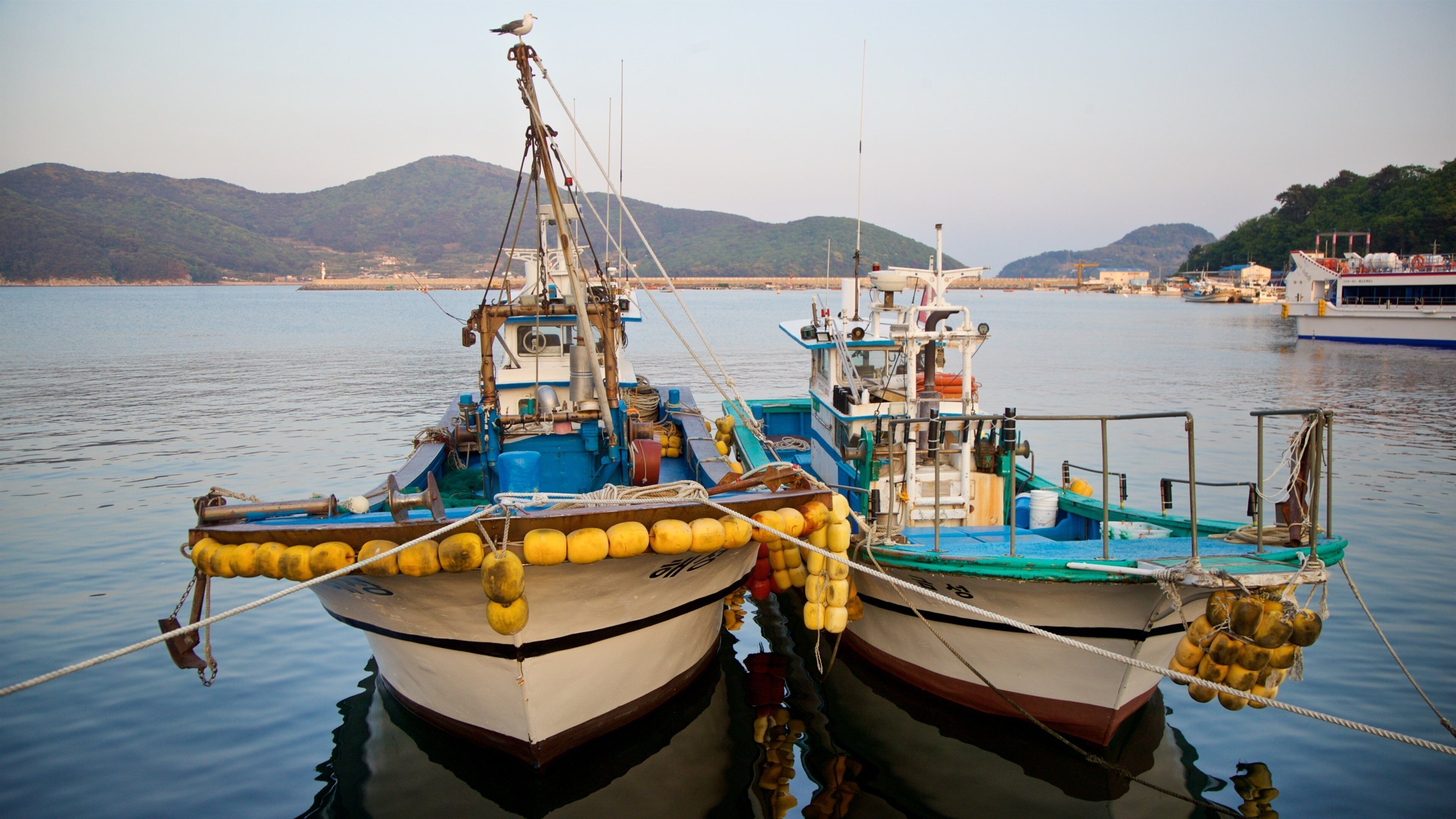 Two fishing boats tied together in calm waters with mountains in the background.
