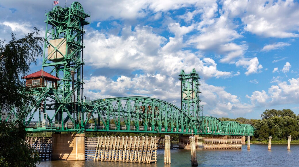 Scenic landscape of the Joe Page vertical-lift bridge over the Illinois River on IL 100 at Hardin, IL in Calhoun County