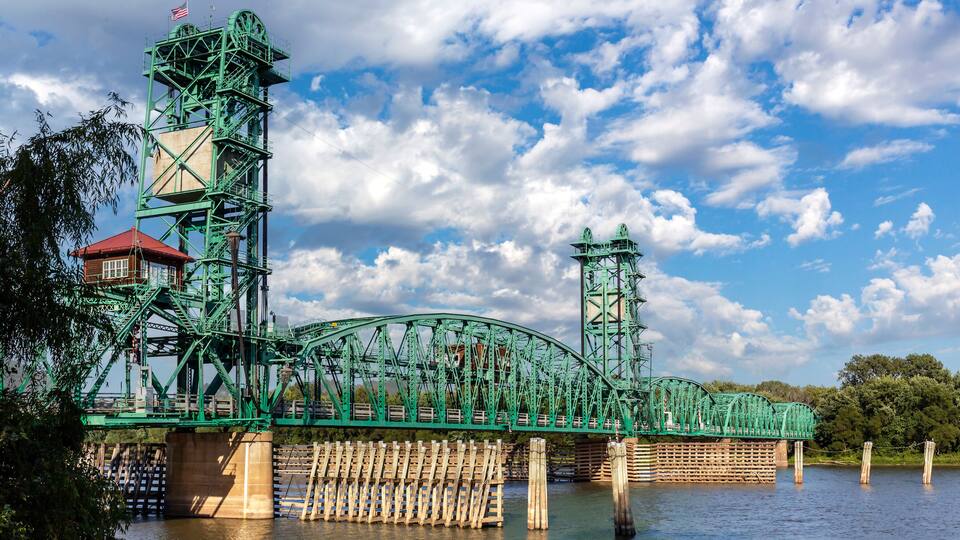 Scenic landscape of the Joe Page vertical-lift bridge over the Illinois River on IL 100 at Hardin, IL in Calhoun County