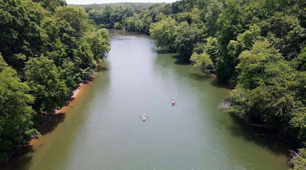 Areal view of two kayaks paddling down the Etowah River lined by trees in Northern Georgia