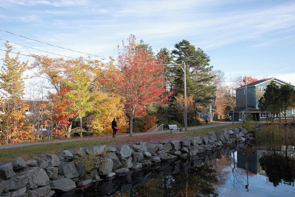 A park with autumn foliage, a pond, a stone wall, and a building.