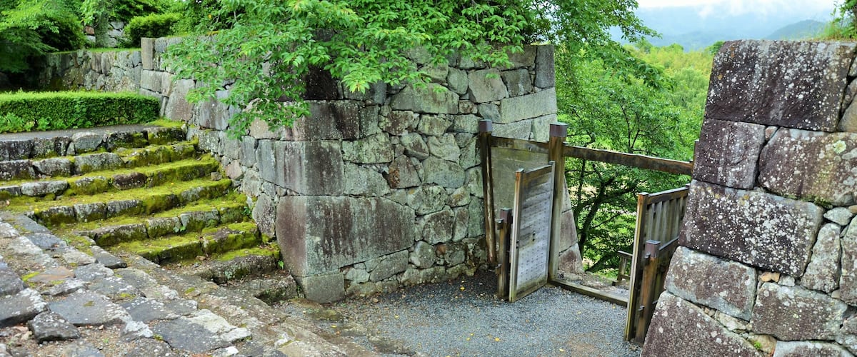 Stone steps leading up to a gate, surrounded by greenery and stone walls.